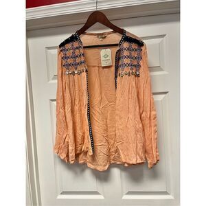 Anandas Collection Peach Embroidered Fringe & Coin Adorned Open Front Kimono sz